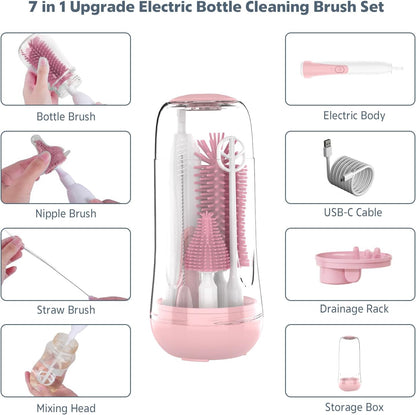 Travel Electric Baby Bottle Cleaning Brush, Water Bottle Cleaning Set, 4-Piece Set with 2 Modes and 360° Swivel