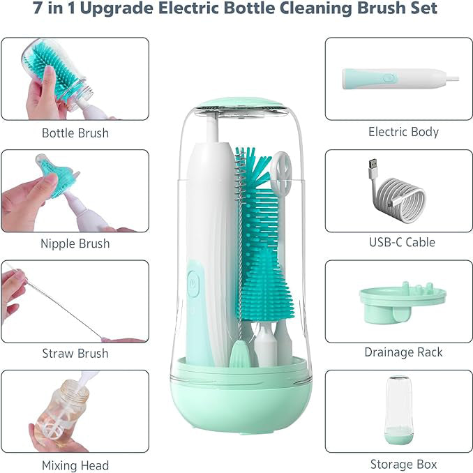 Travel Electric Baby Bottle Cleaning Brush, Water Bottle Cleaning Set, 4-Piece Set with 2 Modes and 360° Swivel